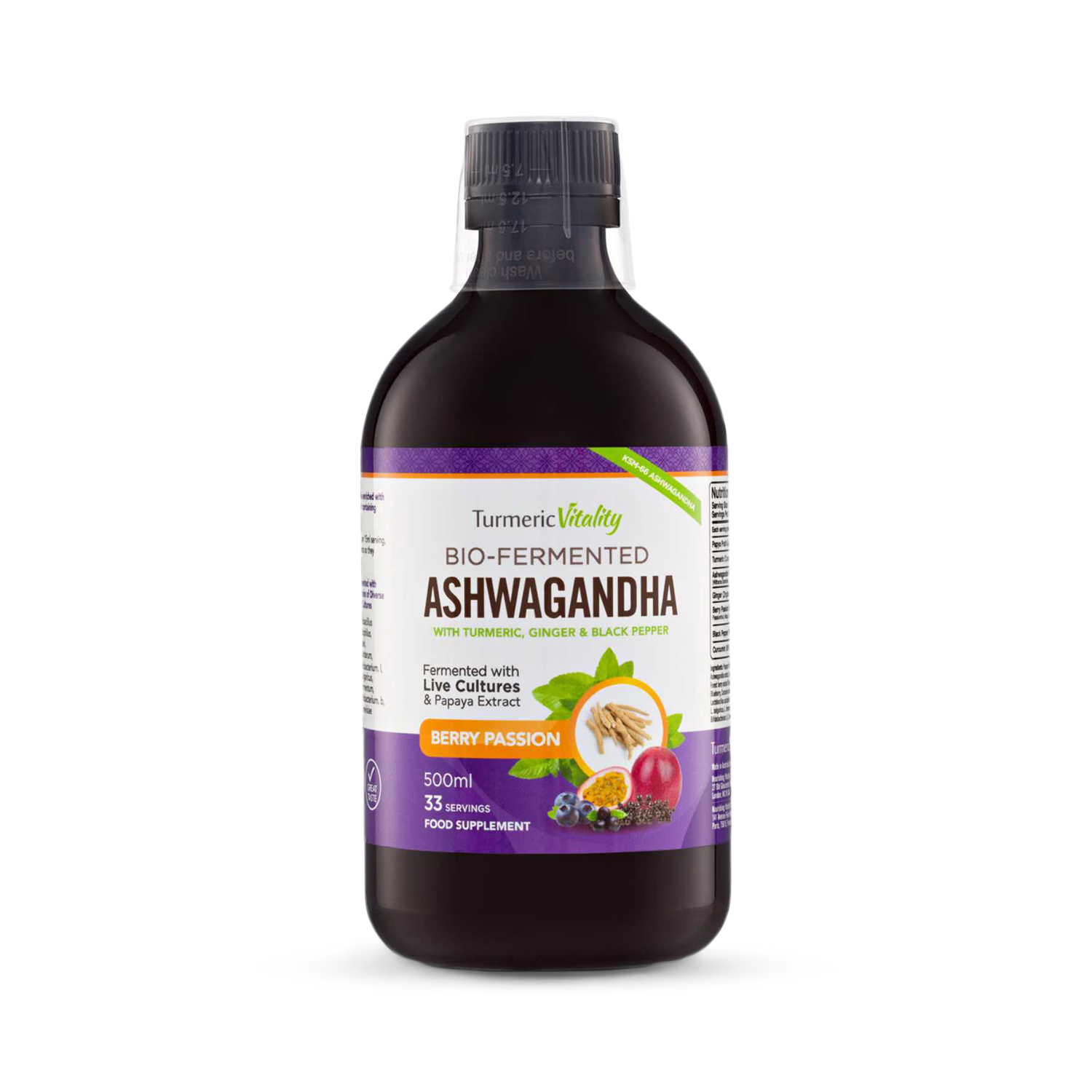 Turmeric Vitality bio-fermented Ashwagandha liquid 500ml, imported from the UK