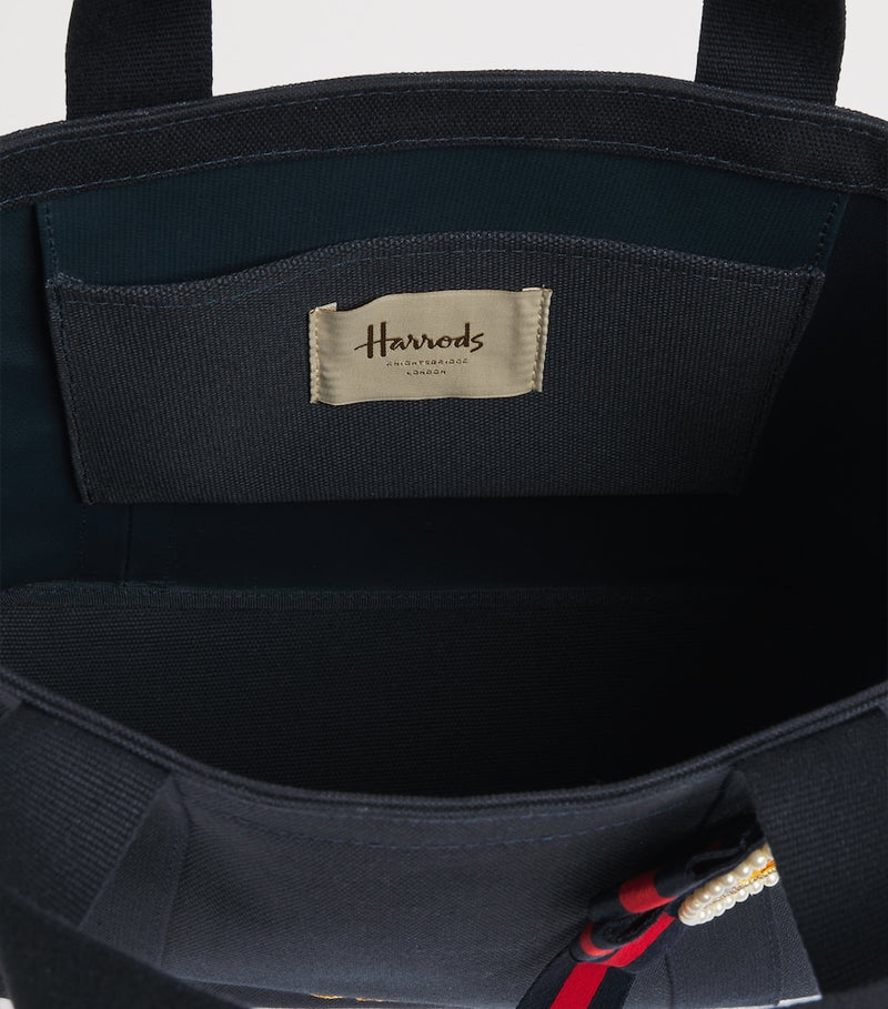 Harrods small cotton canvas tote bag with rosette brooch, imported from the UK