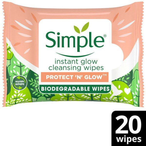 Simple Protect N Glow Biodegradable Wipes Instant Glow X20 GOODS Superdrug   