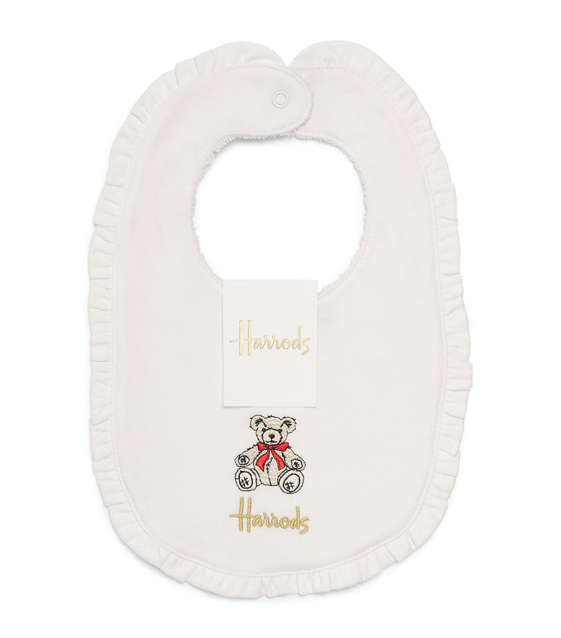 Harrods ruffled embroidered Henry Bear bib, imported from the UK