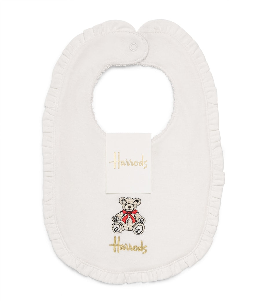 Harrods ruffled embroidered Henry Bear bib, imported from the UK