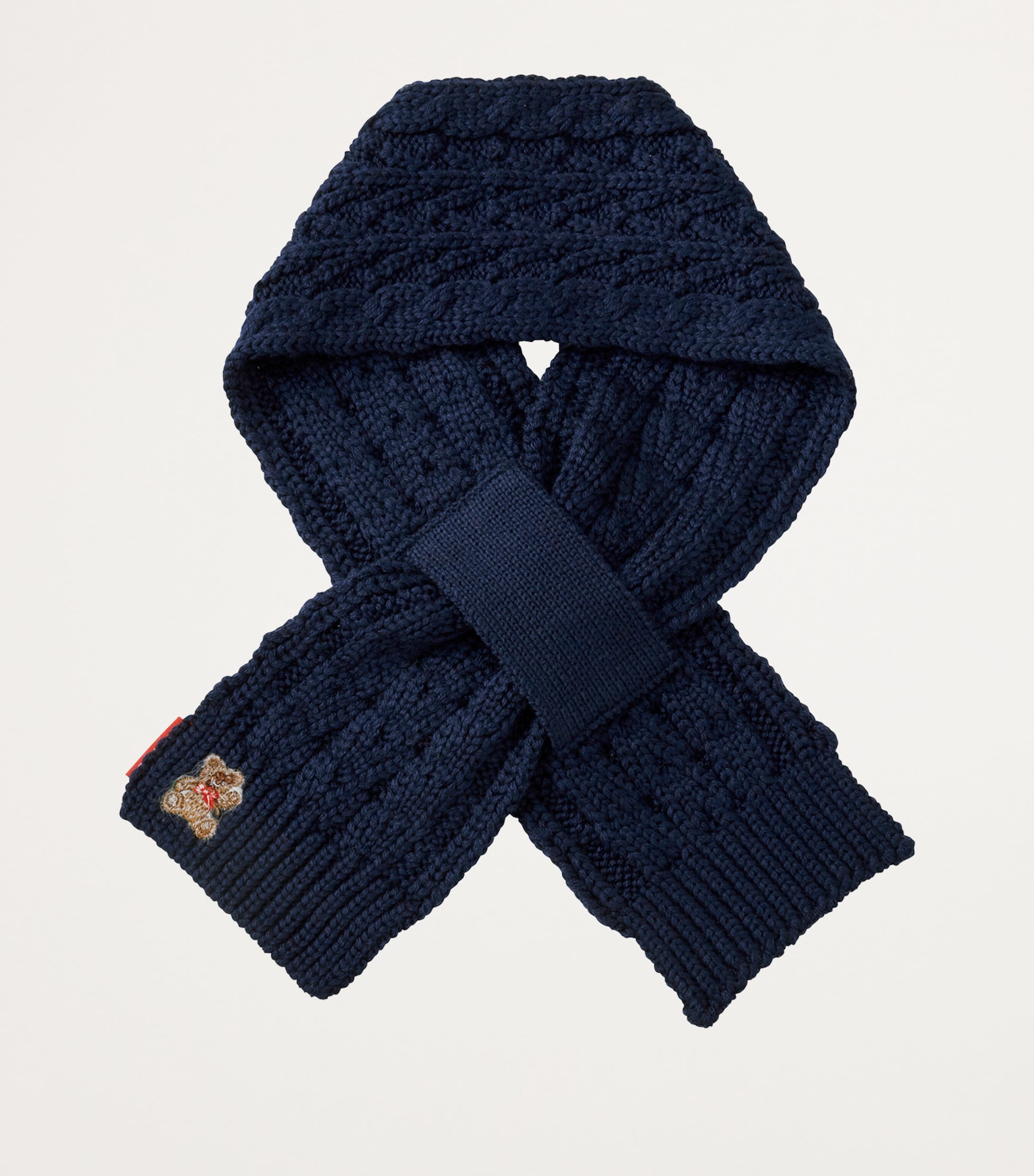 Miki House bear-embroidered cable-knit scarf - British product