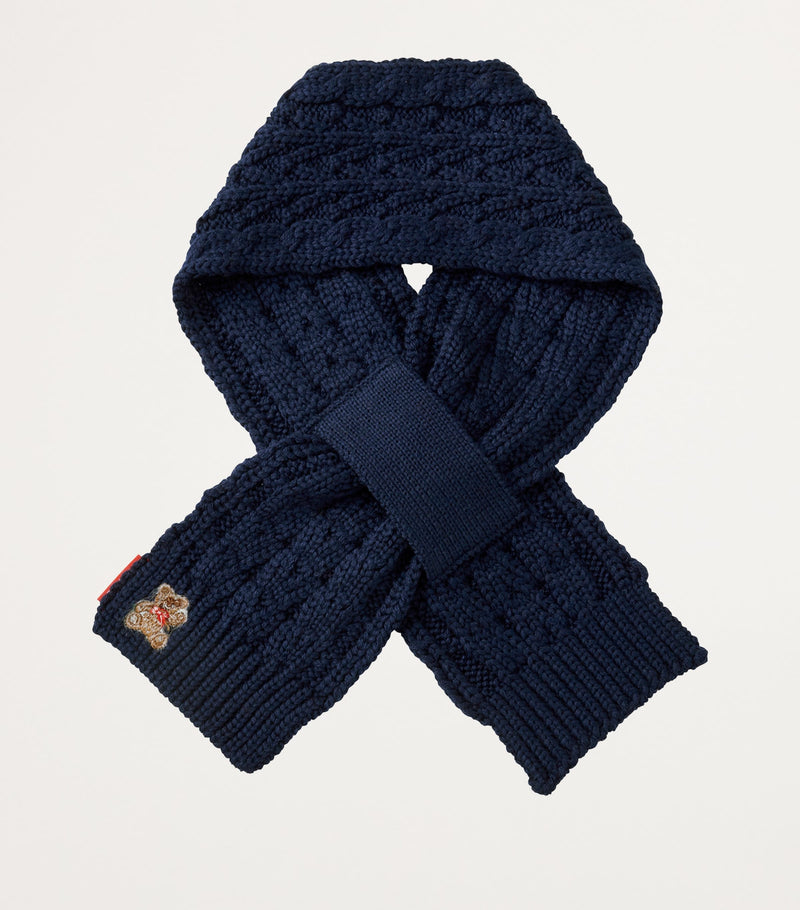 Miki House bear-embroidered cable-knit scarf - British product