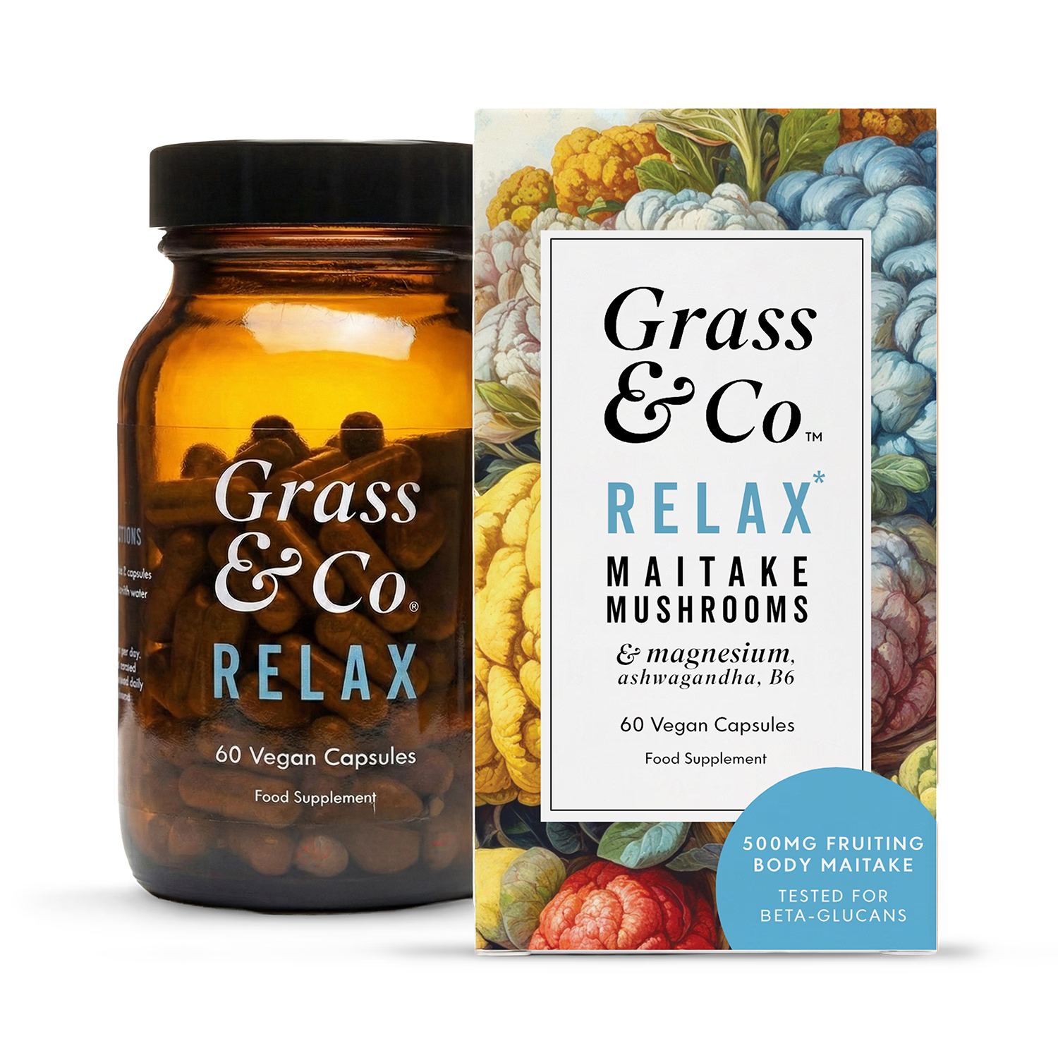Grass & Co. RELAX Maitake Mushrooms with Ashwagandha + Magnesium 60 Vegan Capsules