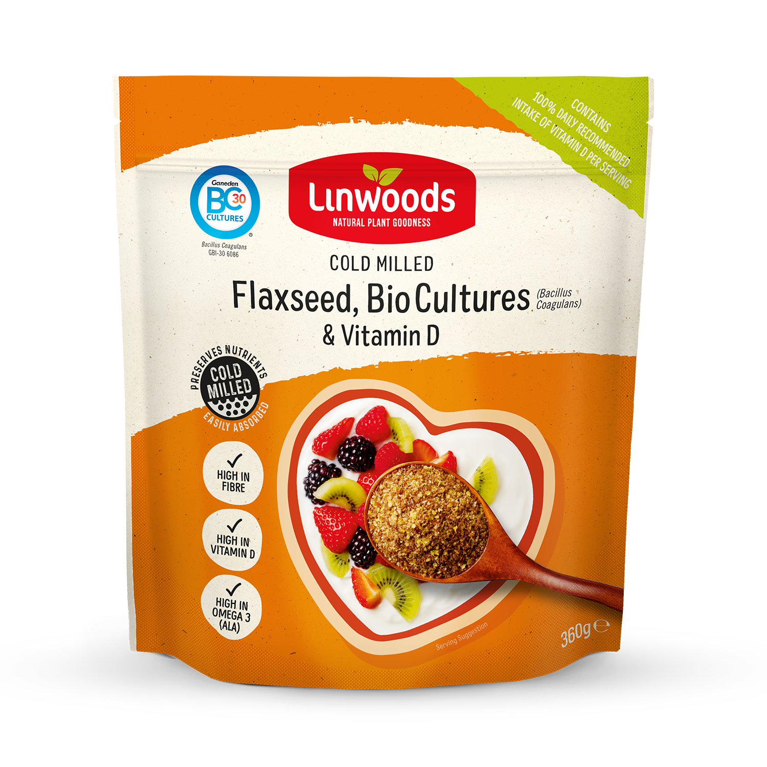 Linwoods milled flaxseed BioCultures Vitamin D 360g, UK version