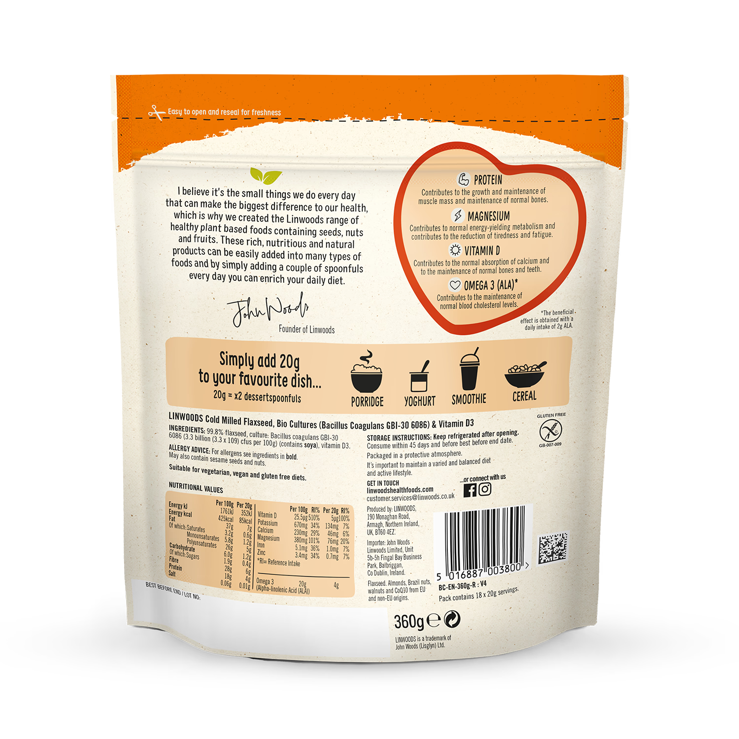 Linwoods milled flaxseed BioCultures Vitamin D 360g, UK version