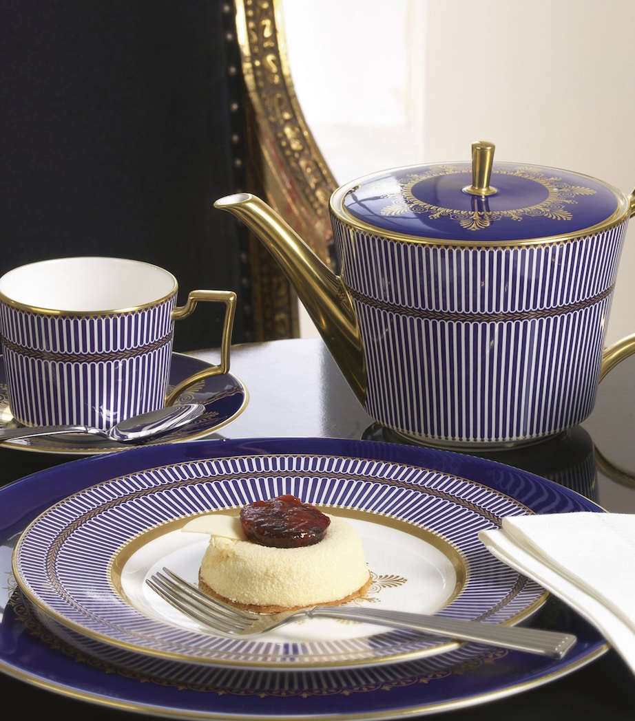 Bright Blue Geometric Print Teapot with Gold Finishes