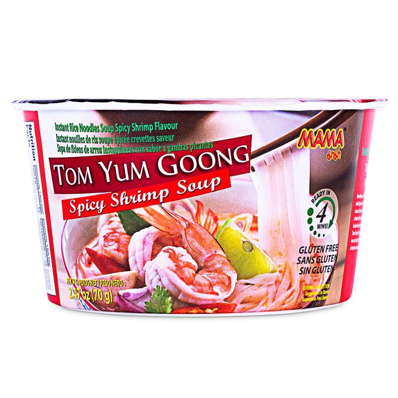 Mama Tom Yum Goong instant rice noodle bowl, imported from the UK