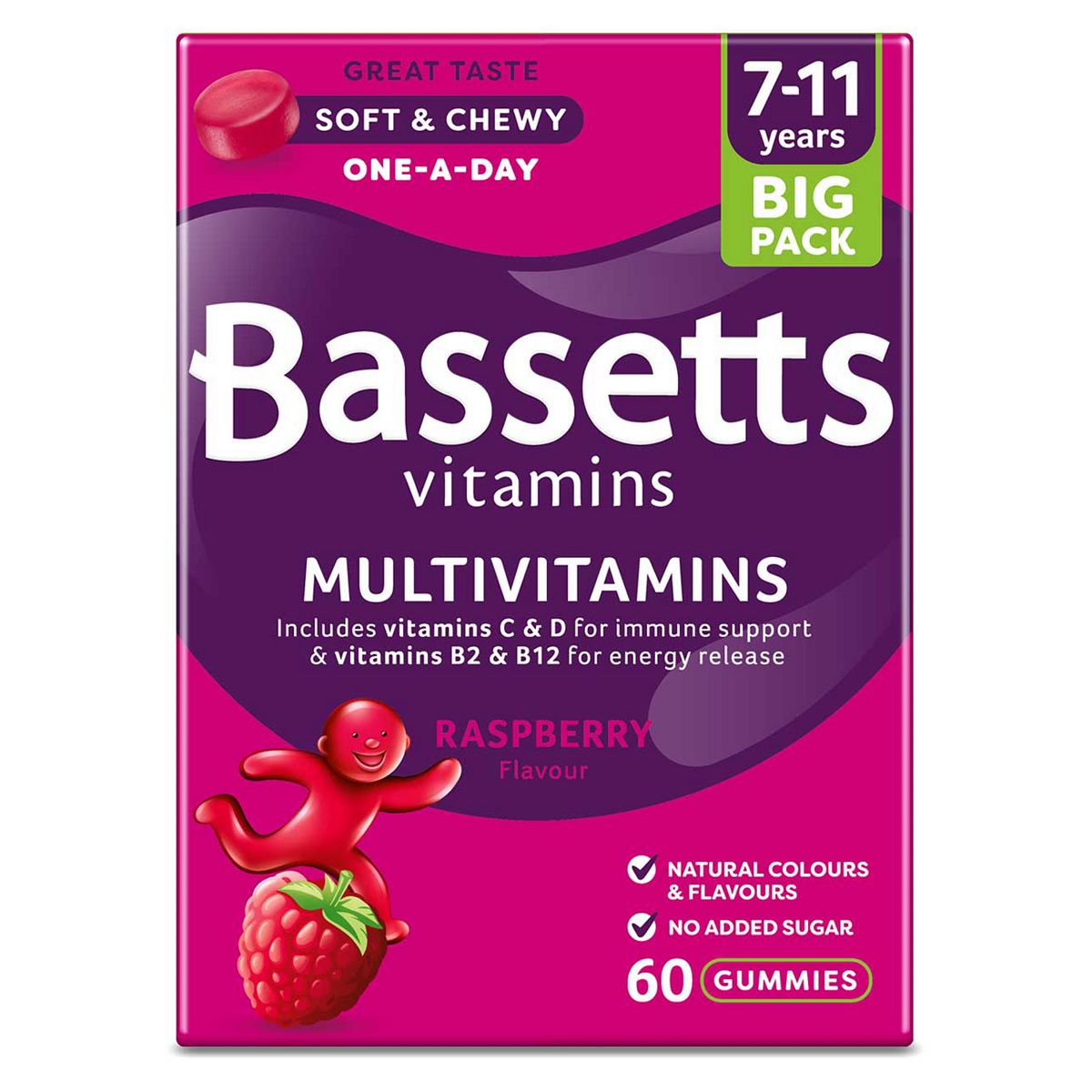 Bassetts Multivitamins Raspberry Flavour Soft and Chewies 7-11 Years - 60 Pack Baby Healthcare Boots   