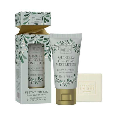 Superdrug Scottish Fine Soaps Ginger, Clove & Mistletoe Festive Treats Duo Body Butter and Soap Gift Set- Buy online at McGrocer