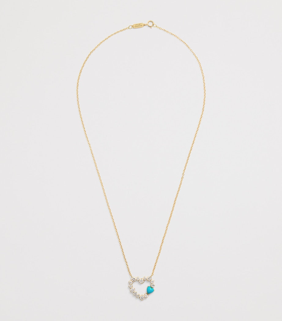 Jennifer Meyer yellow gold open heart necklace diamonds turquoise 40cm - British product
