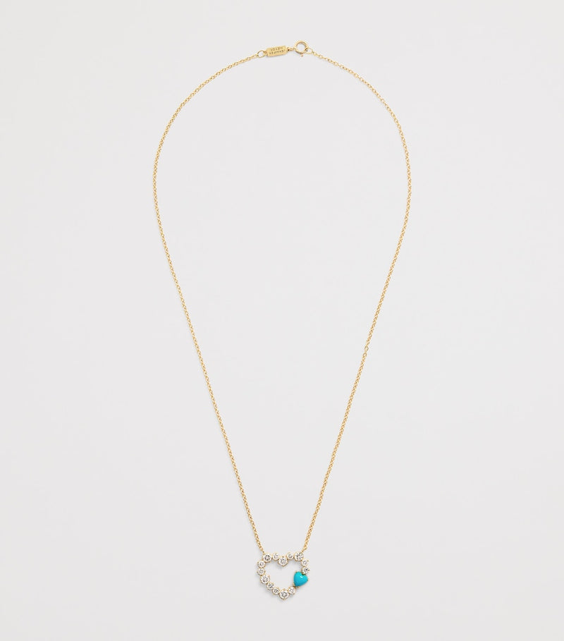 Jennifer Meyer yellow gold open heart necklace diamonds turquoise 40cm - British product