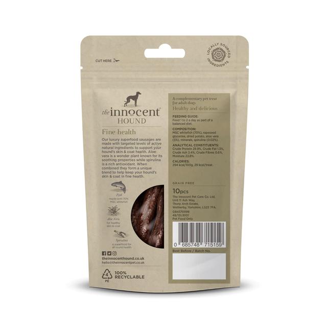 The Innocent Hound Dog Treats Skin and Coat Support Superfood Sausages   100g