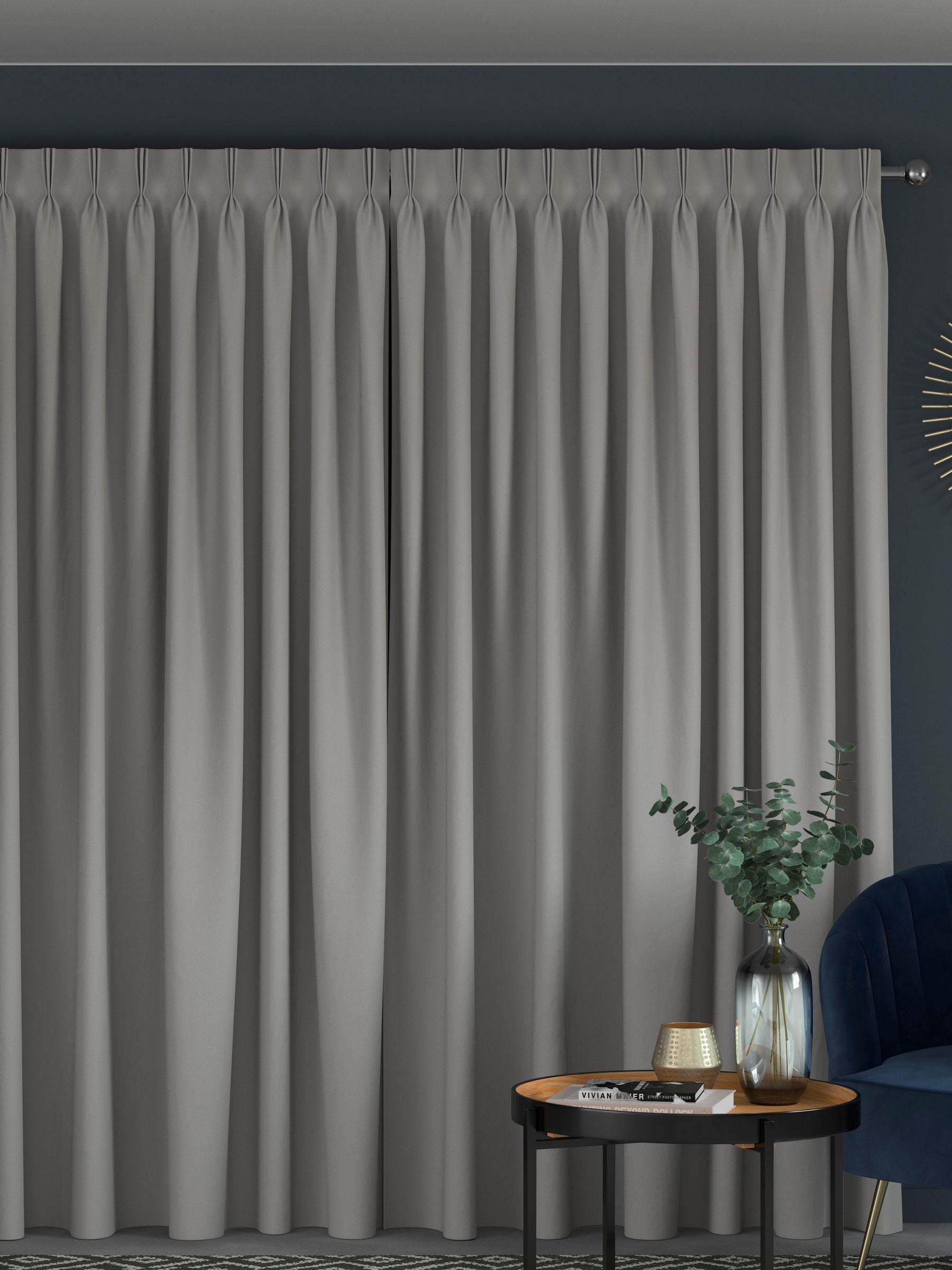 Silver made to measure curtains in 100% cotton, imported from the UK