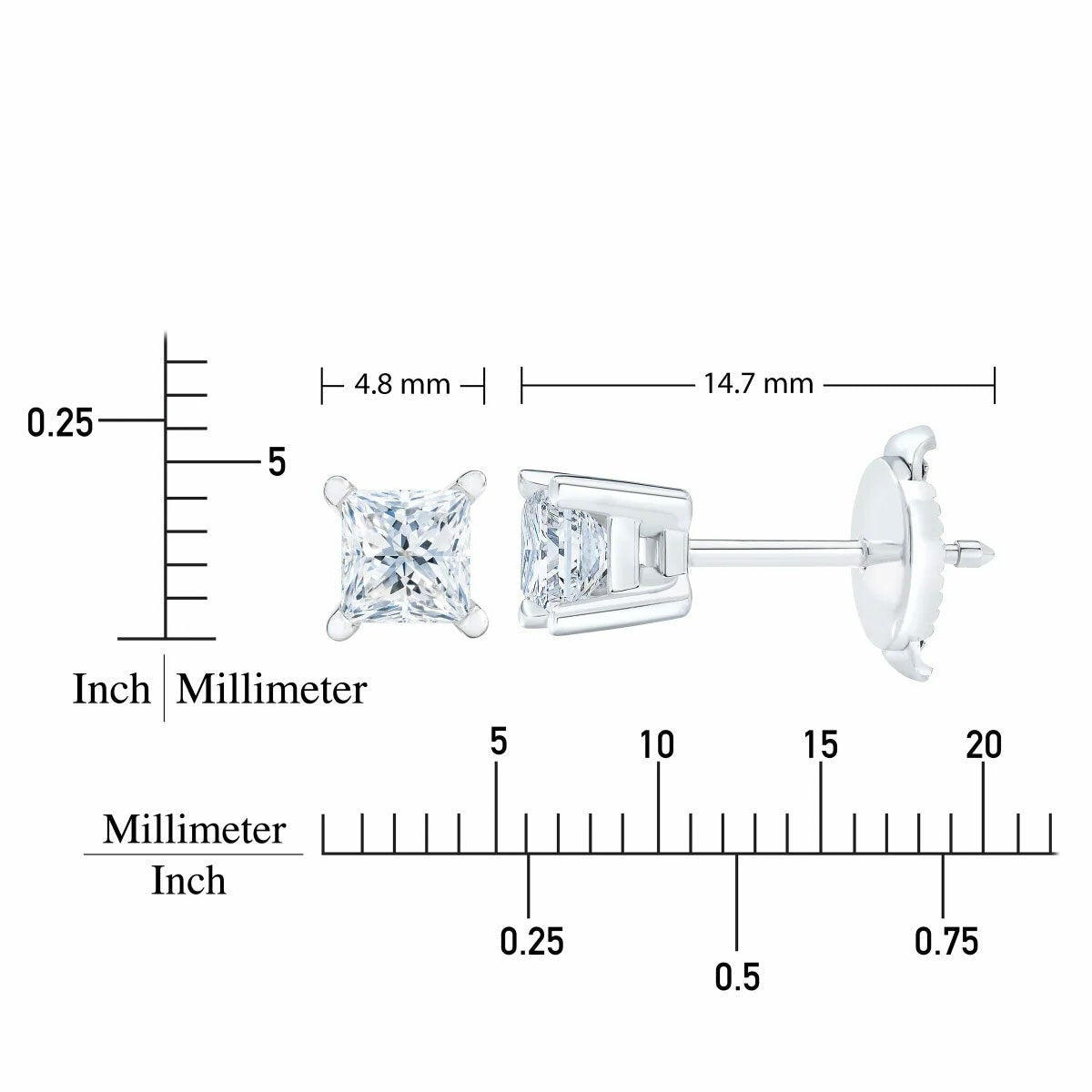 Princess cut diamond stud earrings 0.73ctw 14ct white gold - British product