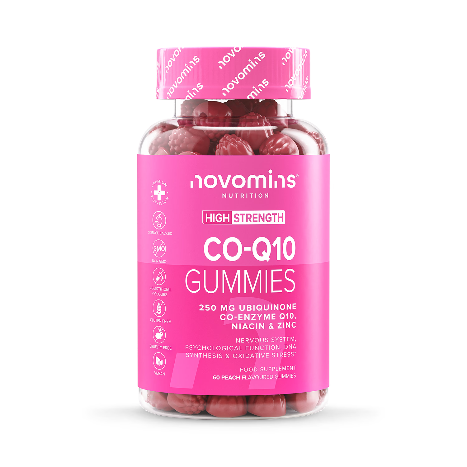 Novomins Co-Q10 peach flavour gummies 60 count, UK version