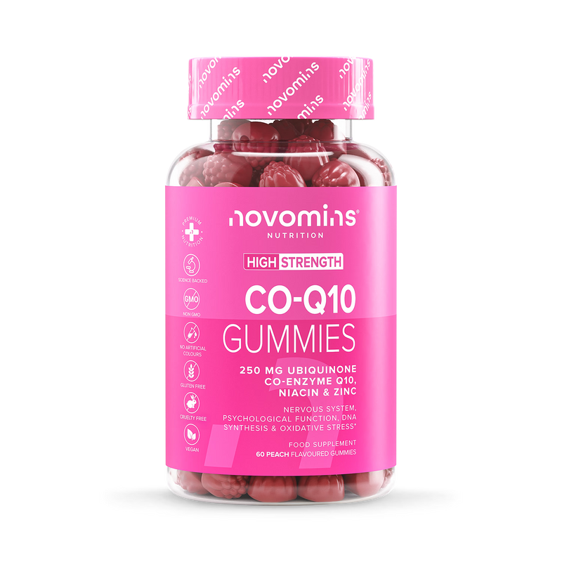 Novomins Co-Q10 peach flavour gummies 60 count, UK version