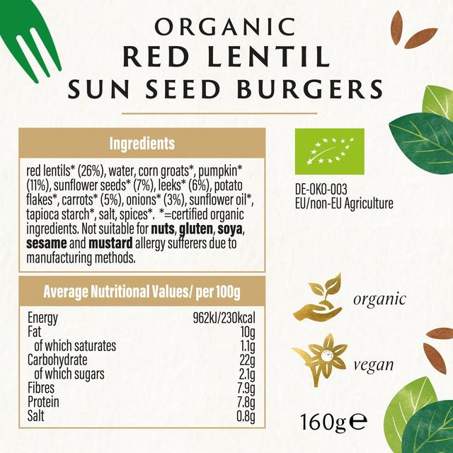 Biona Organic Red Lentil Sun Seed Burgers   160g GOODS M&S   