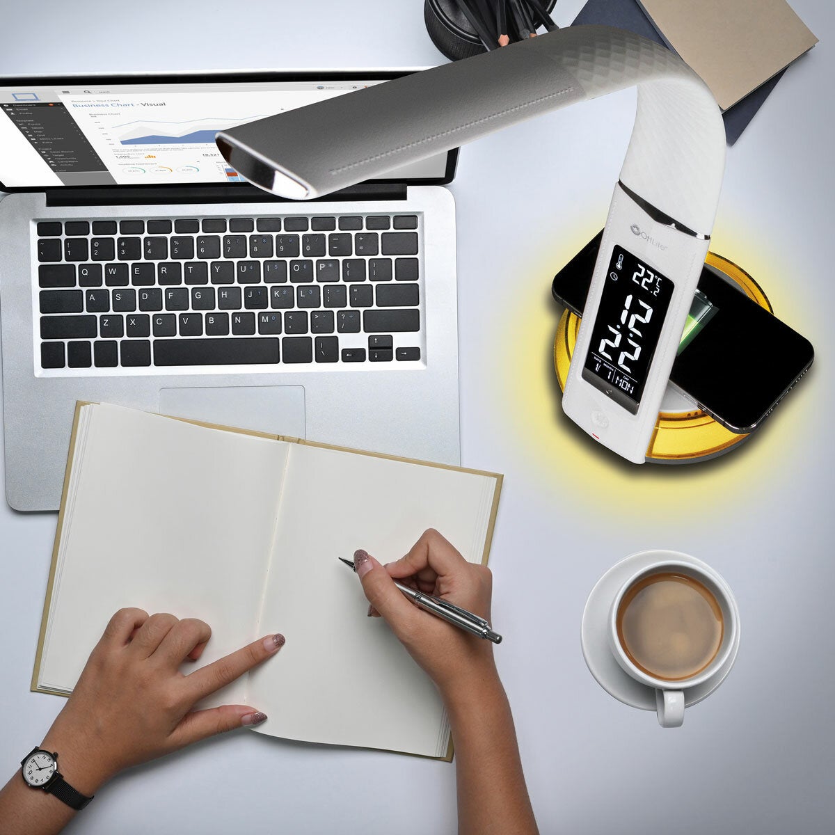 OttLite LED desk lamp with wireless charging and colour changing base, UK version