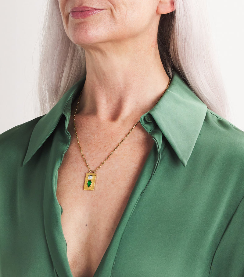 Azlee yellow gold diamond and emerald duet necklace - British product