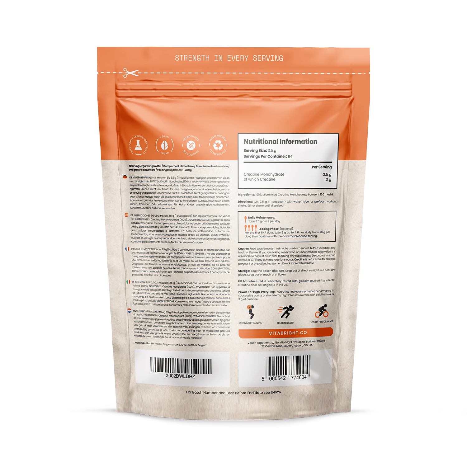 VitaBright creatine monohydrate 400g pouch, UK version