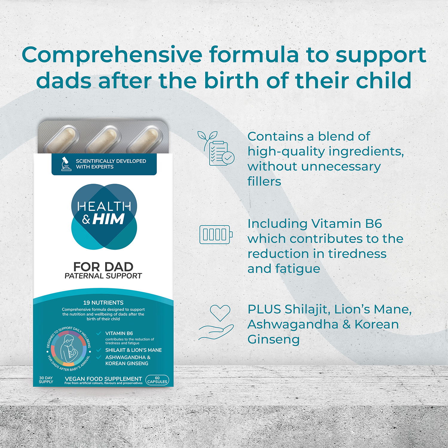 Health & Him supplement For Dad 60 capsules, imported from the UK