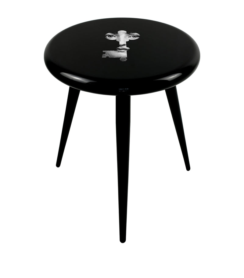 Fornasetti Chiave stool with hand-painted key and face design, 46cm x 38cm - British product