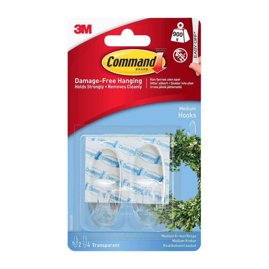 Command Clear Hooks with Clear Strips  Medium 2 Hooks + 4 Strips DIY ASDA   