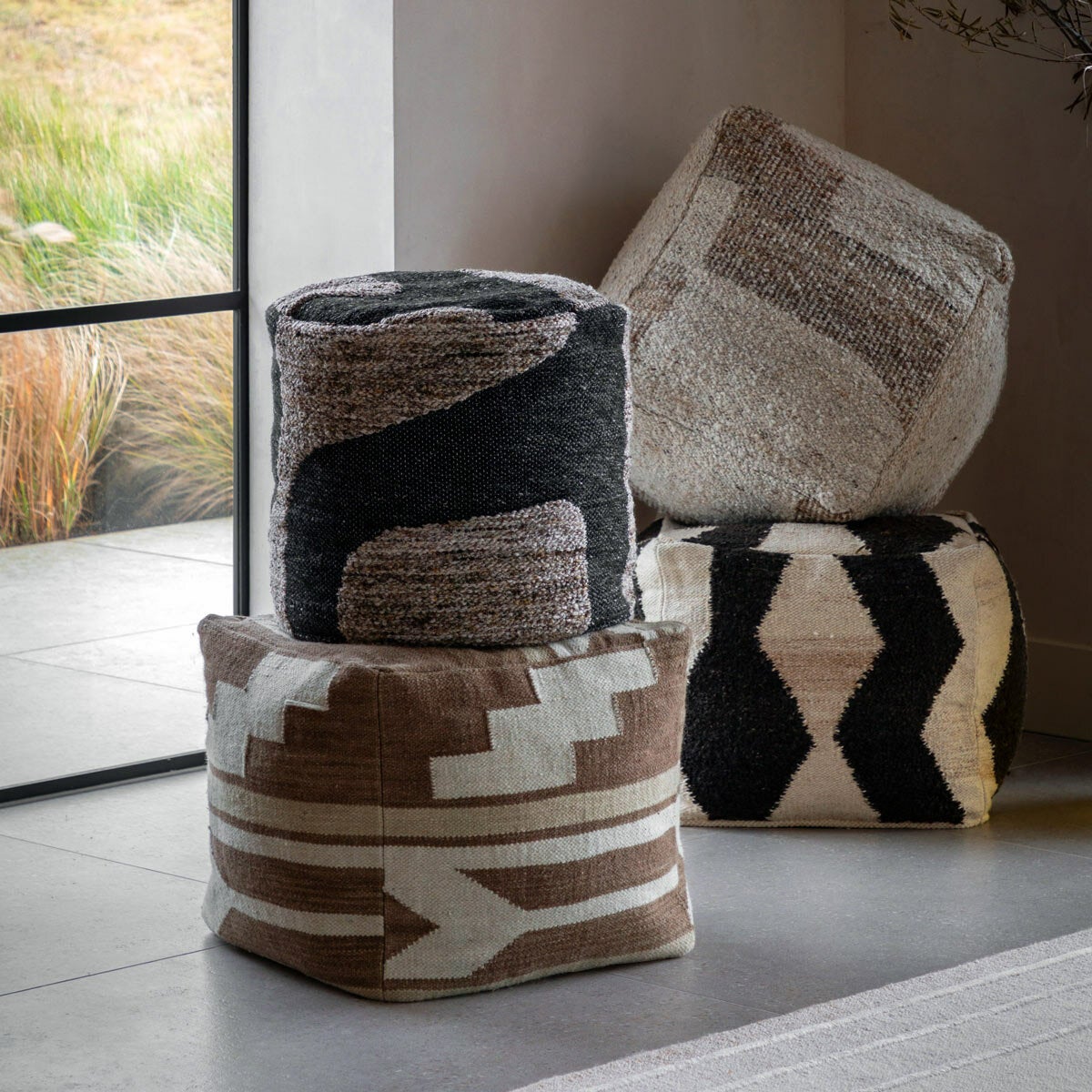 Gallery Bergen mono graphic drum pouffe 50x45cm - British product