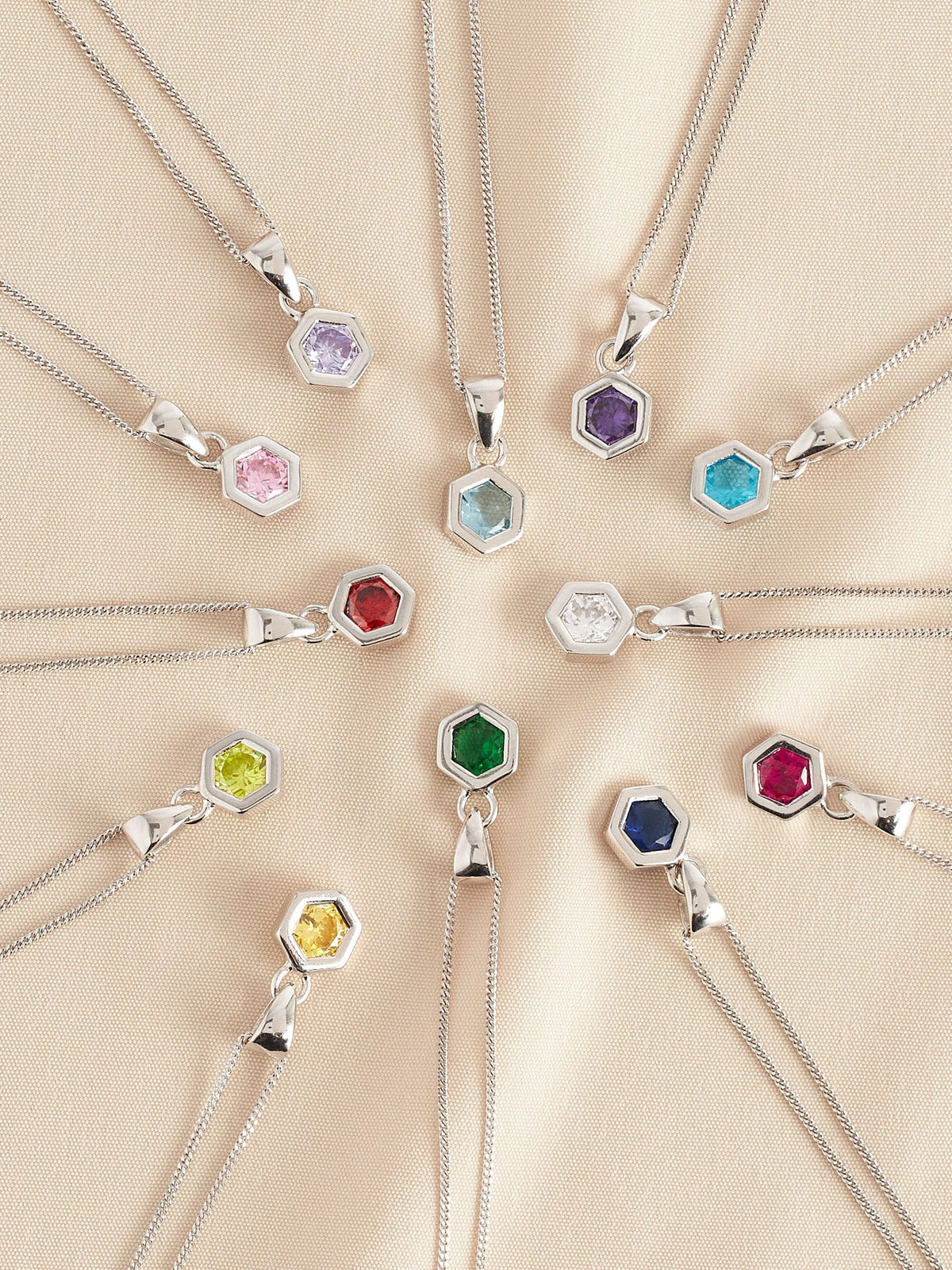 Sterling silver hexagon birthstone necklace (British brand)