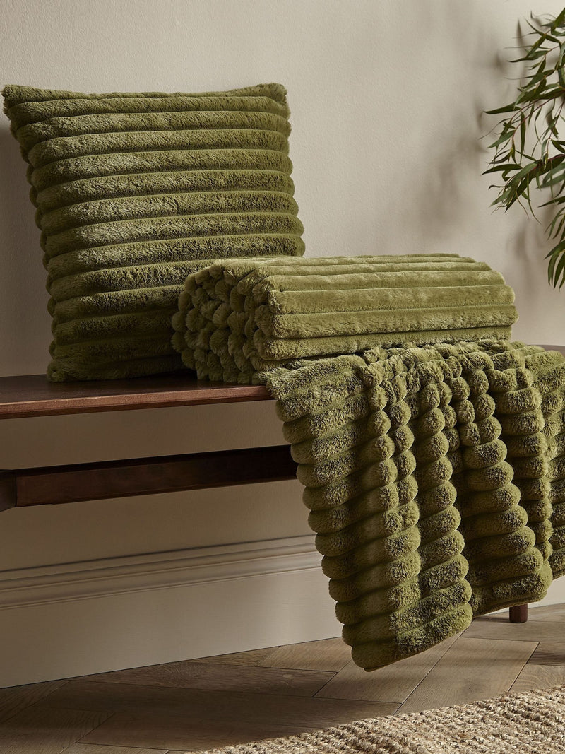 Catherine Lansfield Olive Green Soft and Cosy Ribbed Faux Fur Throw