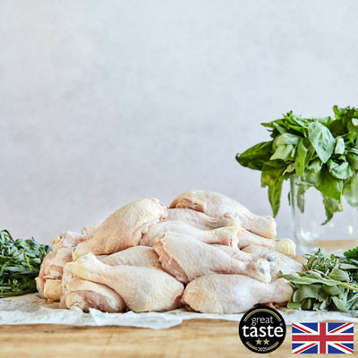 Muslos de pollo de corral alimentados con hierbas, caja de 8 kg
