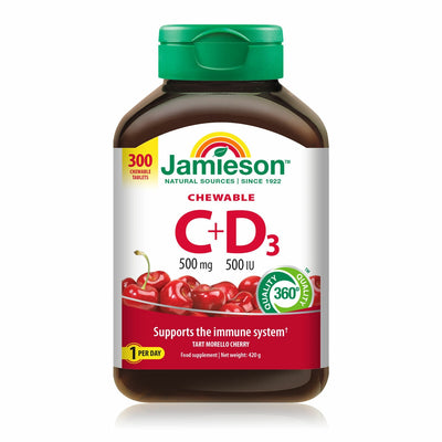 Costco UK Jamieson Vitamin C+D3 Chewable Tablets Cherry 300 Count- Buy online at McGrocer