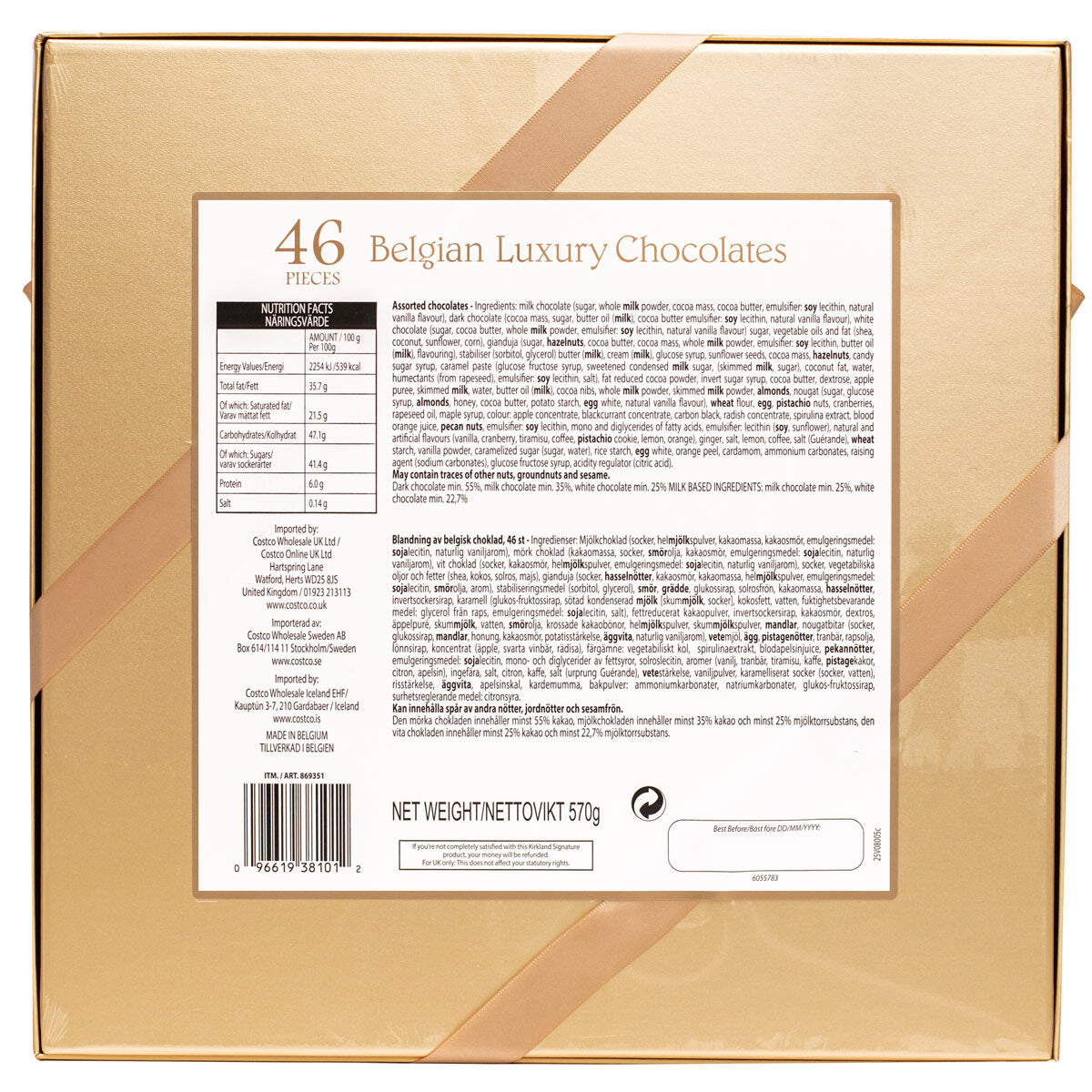 Kirkland Signature luxury Belgian chocolates milk white and dark 570g, UK version