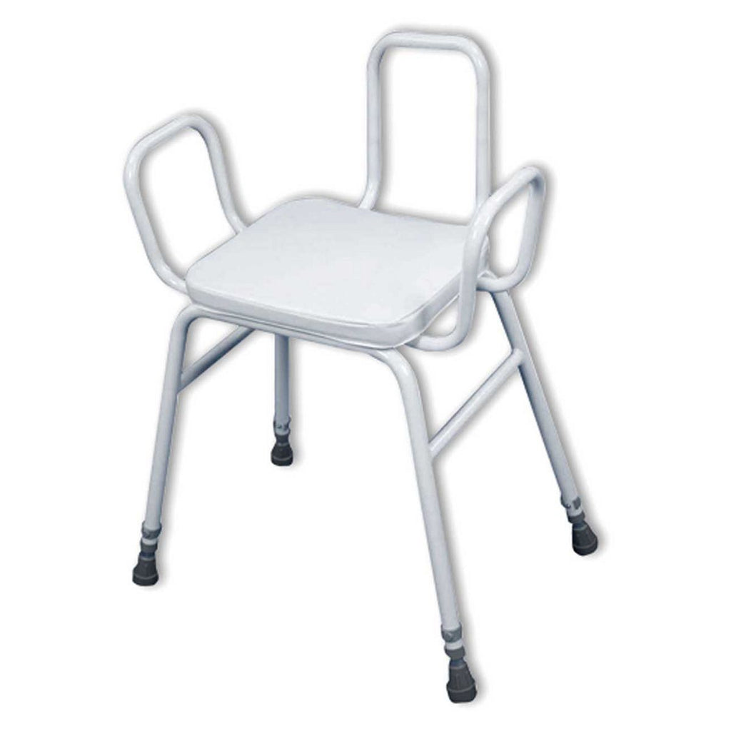 NRS Healthcare Malvern Vinyl Seat Height Adjustable Perching Stool with Arms and Back White