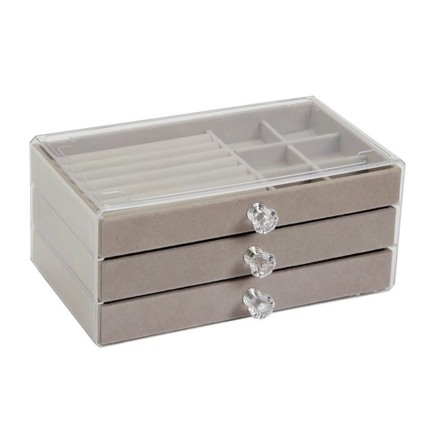 Argos Home transparent Perspex three drawer jewellery box, UK version