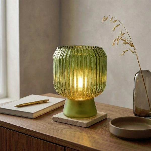 Candlelight green ridged LED touch table lamp - British product