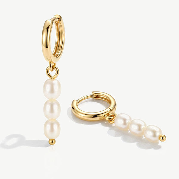 MUCHV gold small hoop earrings with natural baroque pearl charms (British brand)