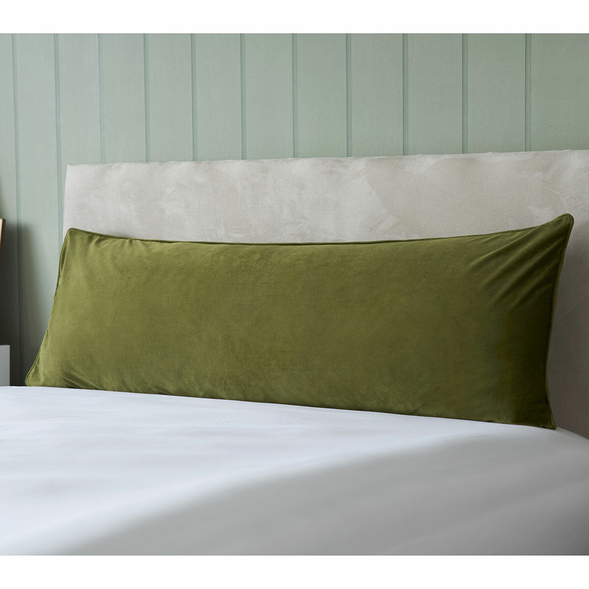 Belledorm olive velvet bolster cushion 43x120cm - British product