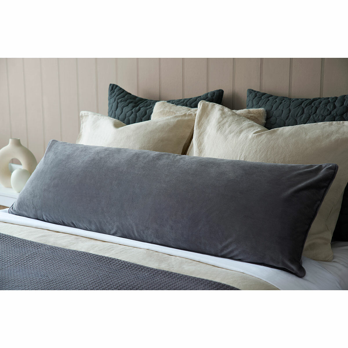 Belledorm dark grey velvet bolster cushion 43 x 120 cm (British brand)