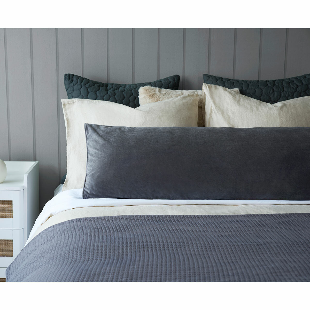 Belledorm dark grey velvet bolster cushion 43 x 120 cm (British brand)