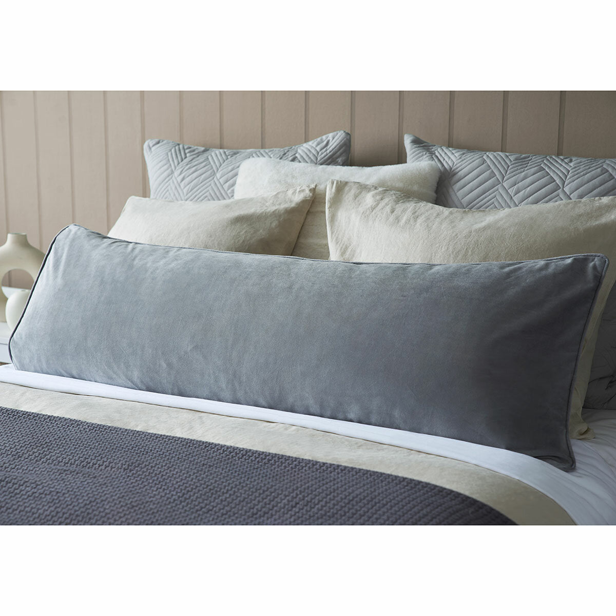 Belledorm light grey velvet bolster cushion 43x120 cm - British product