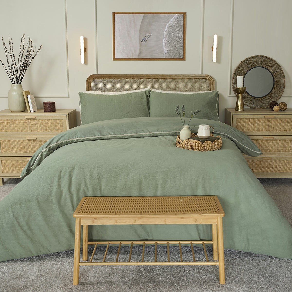 Belledorm Avantika sage cotton bedding set king size, imported from the UK