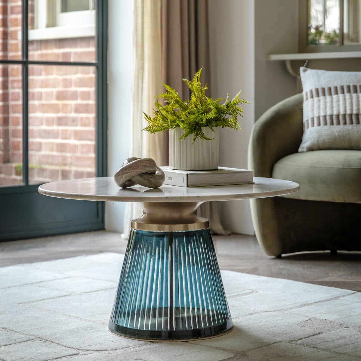 Gallery Seville blue coffee table marble top glass base (British brand)