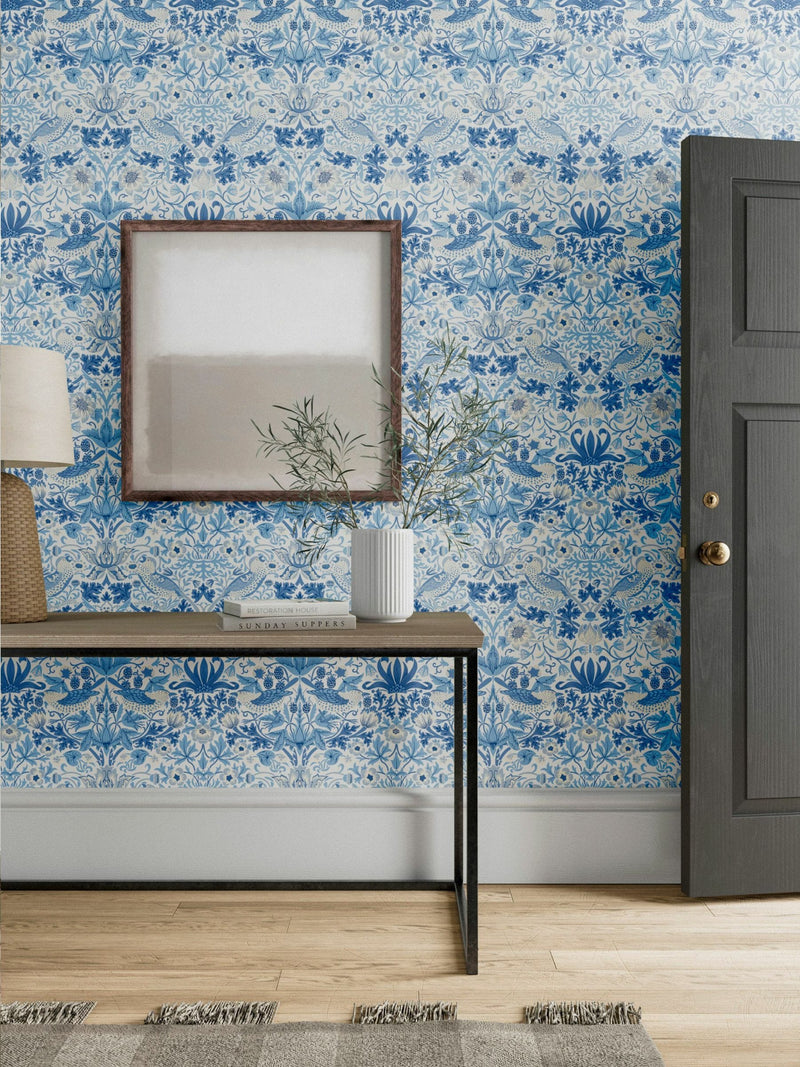 Morris & Co blue Strawberry Thief wallpaper 10.05m, imported from the UK
