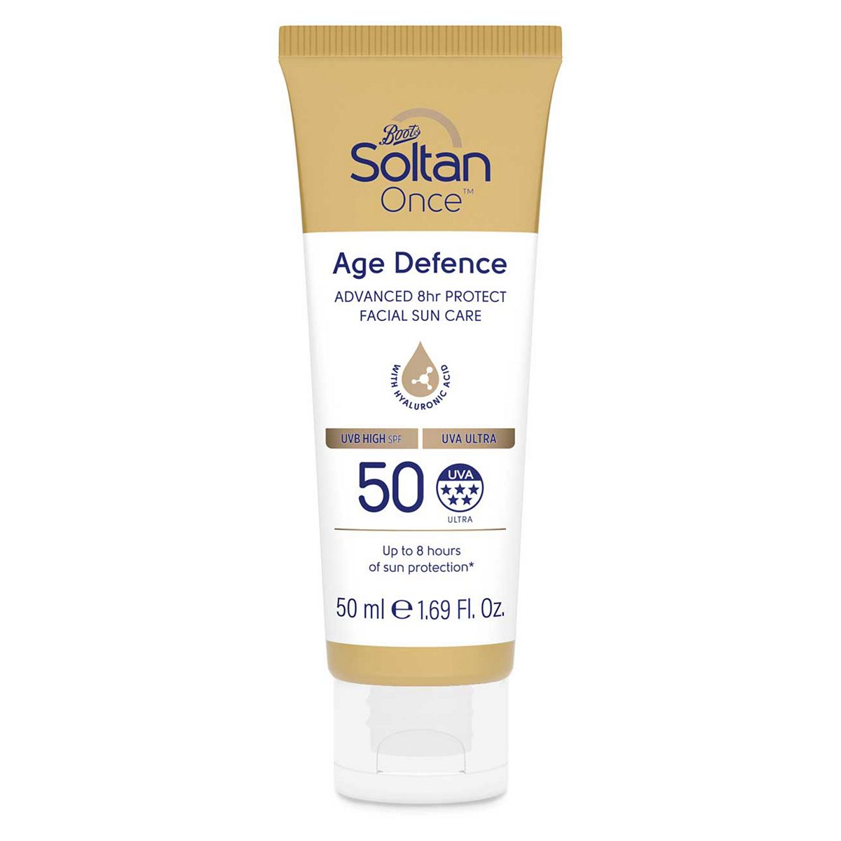 Soltan Once Age Defence Advanced 8hr Protect Facial Suncare Cream with Hyaluronic Acid SPF50 50ml GOODS Boots   