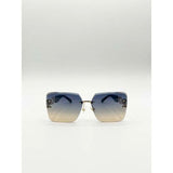 SVNX rimless oversized square sunglasses navy gold (British brand)