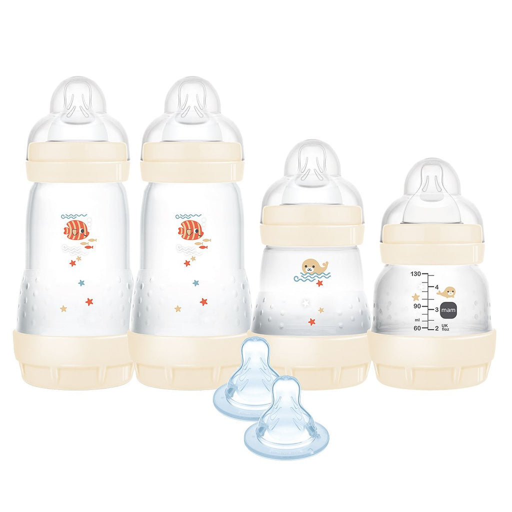 MAM Baby's First Bottle Set Including Anti Colic Self Sterilising Bottles and Bottle Teats - Shell