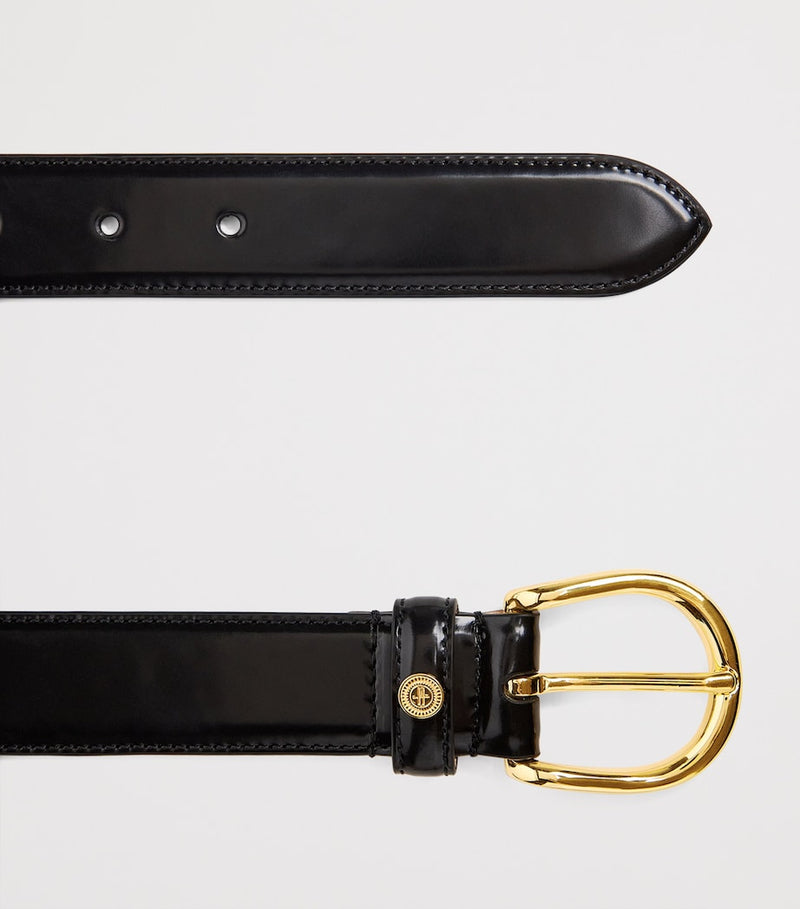 Harrods black leather belt with gold-tone H-branded stud (British brand)