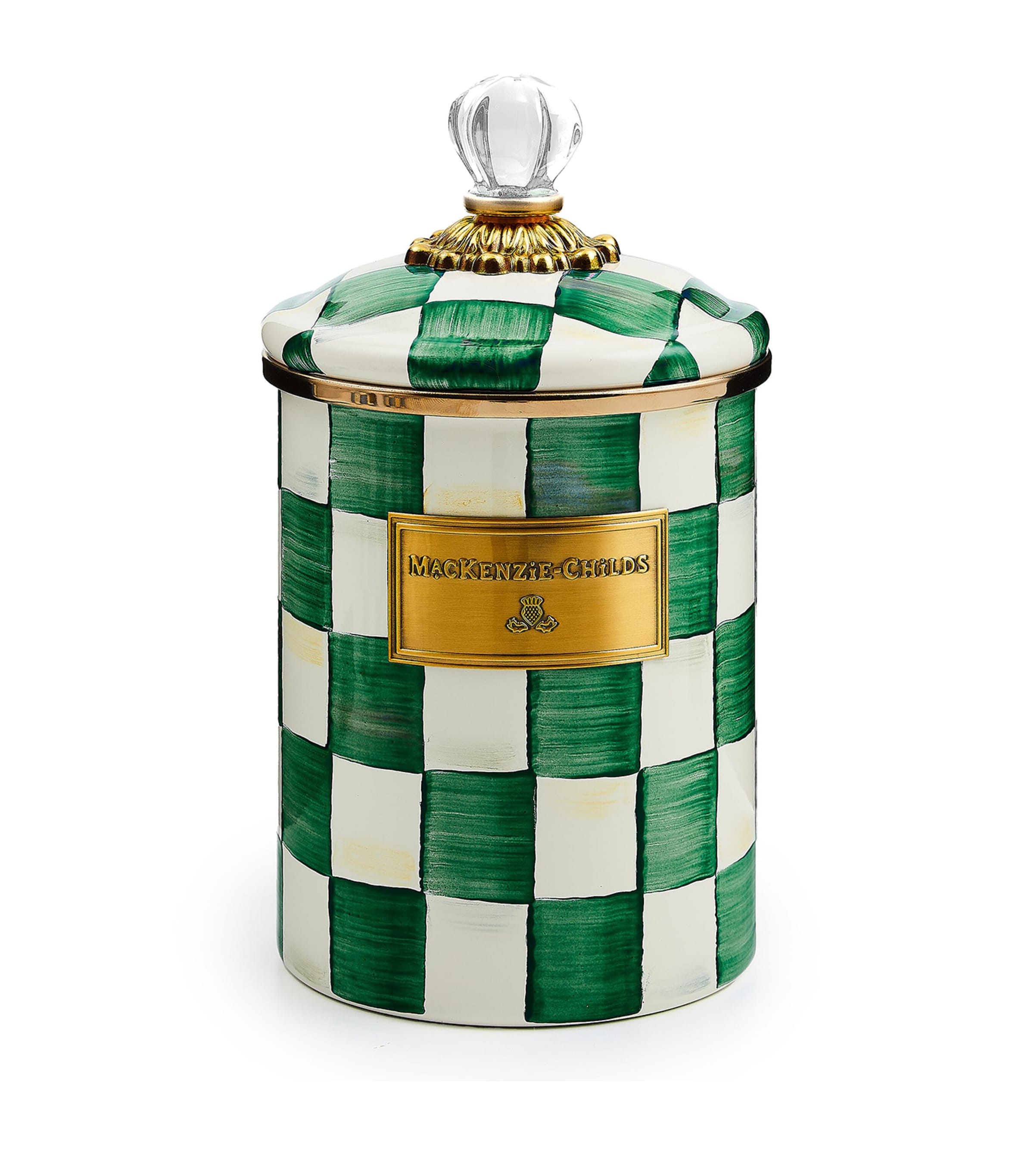 MacKenzie-Childs emerald check medium canister 22cm height, imported from the UK